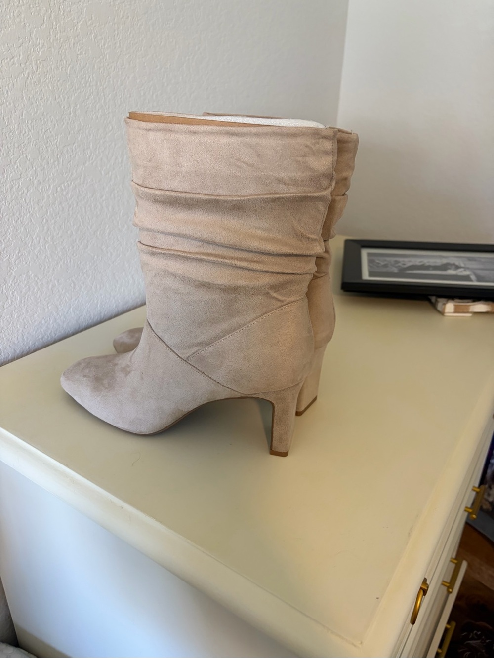 Kelly & Katie Beige Suede Slouch Mid Heel Boots